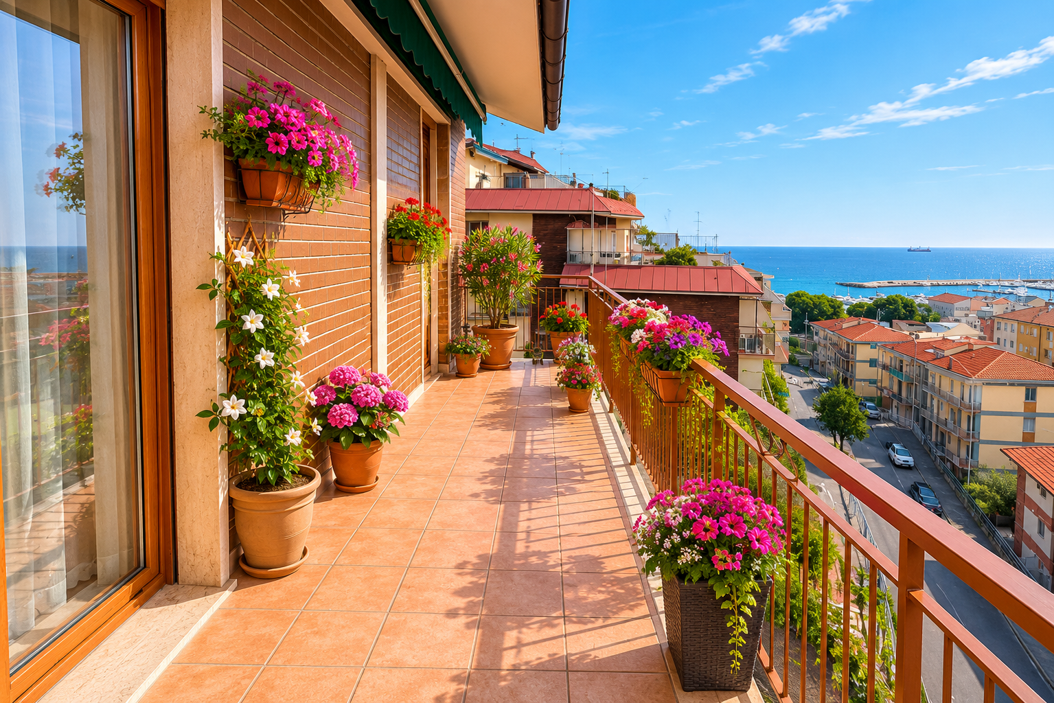 Balcone ordinato al tramonto Trilocale vista mare con box, Varazze